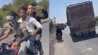 Three Dudes Without Helmets Filmed Crashing Into The Truck, Dying