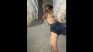 The man was trapped and destroyed under the wheels of the truck.