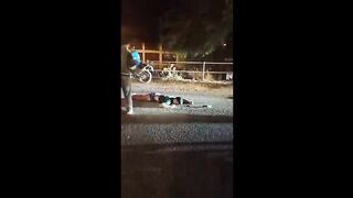 The man was trapped and destroyed under the wheels of the truck.