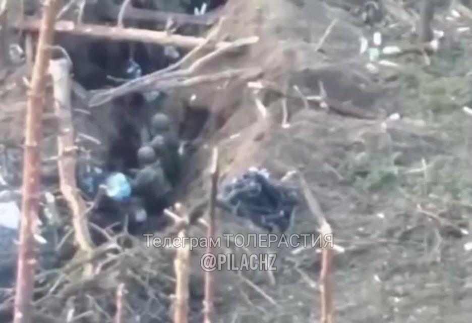 A Russian military man alone quietly sneaks up to the trench of the Ukrainian Armed