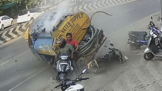 Terrifying Crash: Speeding Water Tanker Hits Two on Motorcycle in Thudiyalur