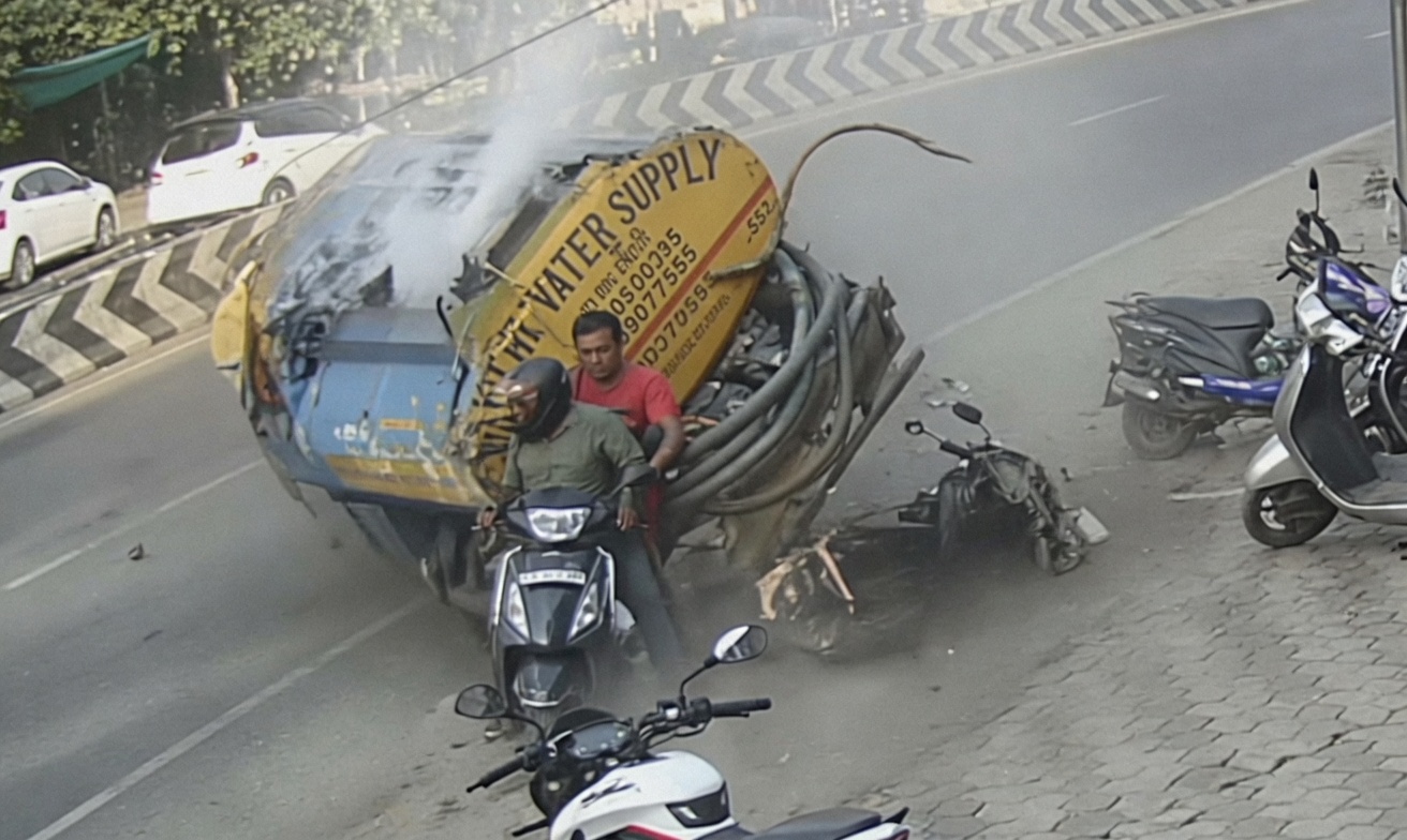 Terrifying Crash: Speeding Water Tanker Hits Two on Motorcycle in Thudiyalur