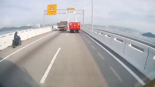 Two Motorbikers Crash Into A Parked On Bridge Vehicle