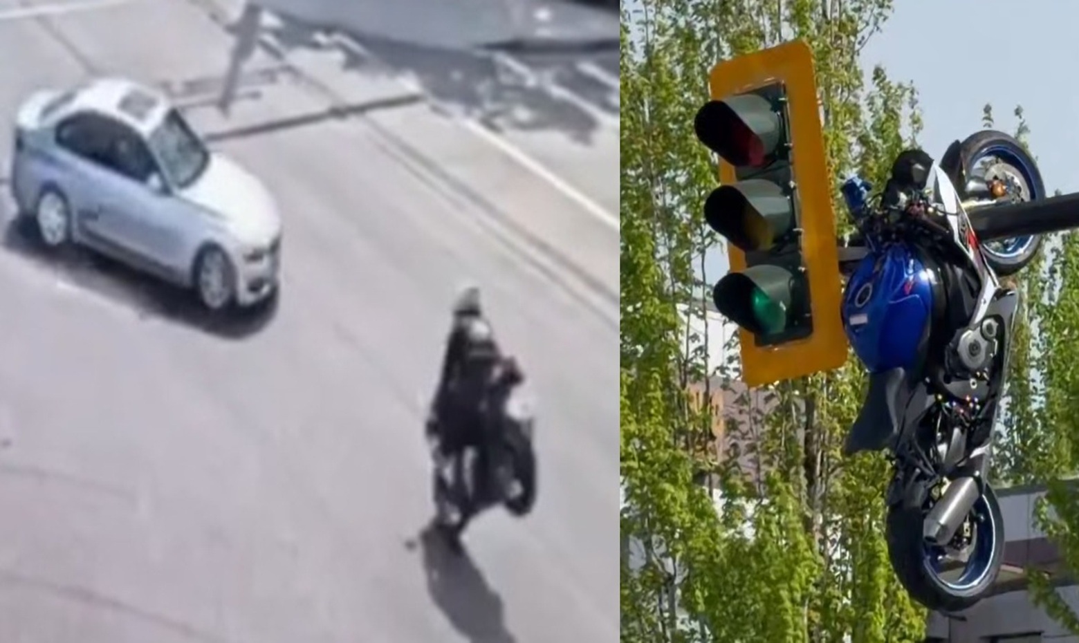 Motorcyclist Seriously Injured After Crash Leaves Bike Dangling From Traffic Light