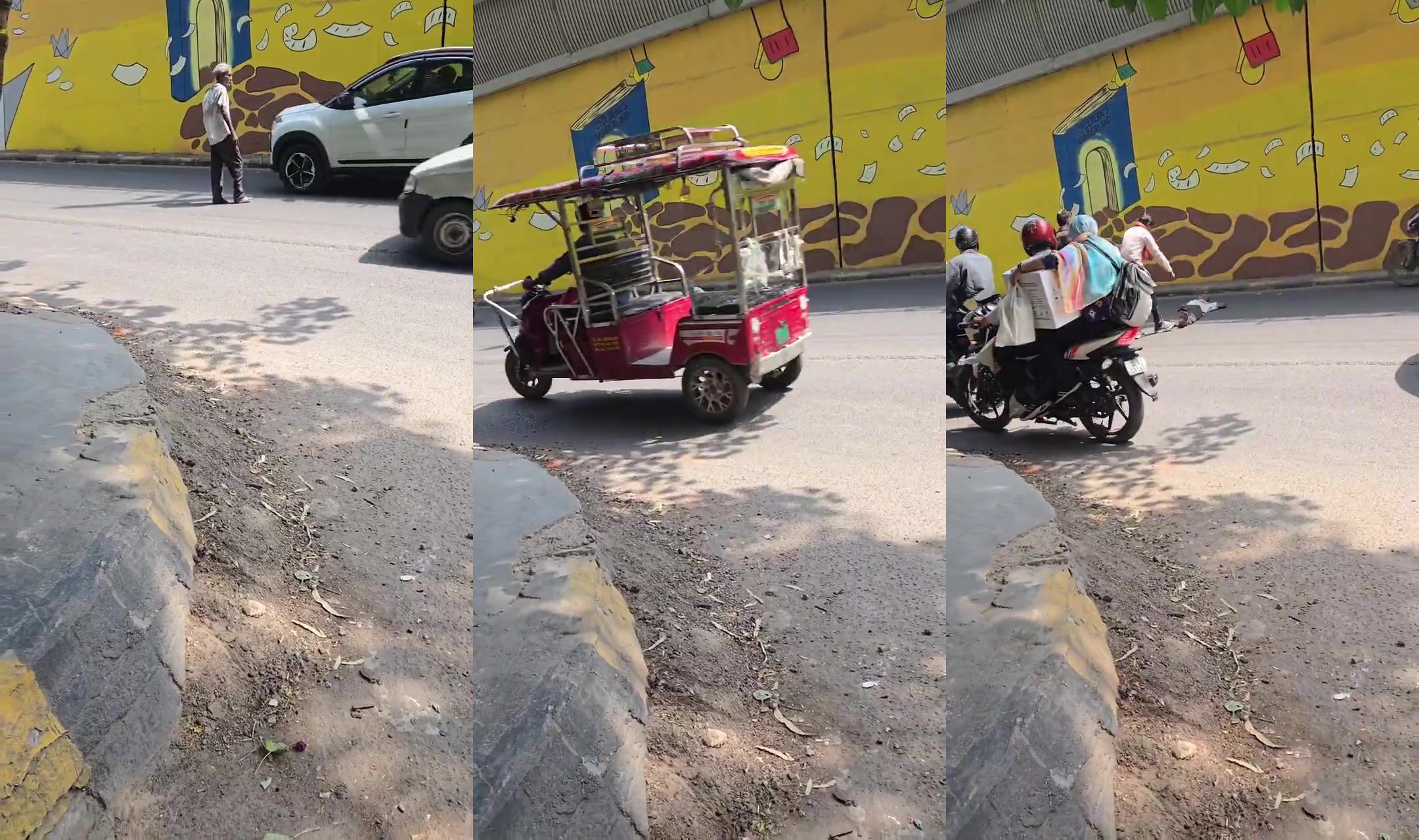 Indian old man sleeping on the street getting a motorcycle massage