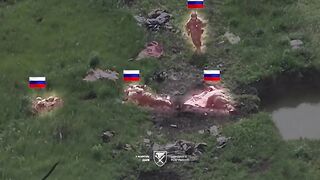 Russian invader running through road decorated with his comrade corpses