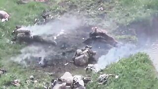 Russian invader running through road decorated with his comrade corpses