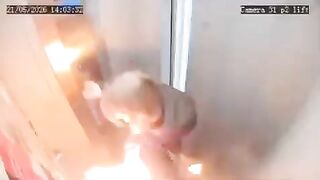A portable charger explodes inside an elevator, leaving a woman trapped in the flames