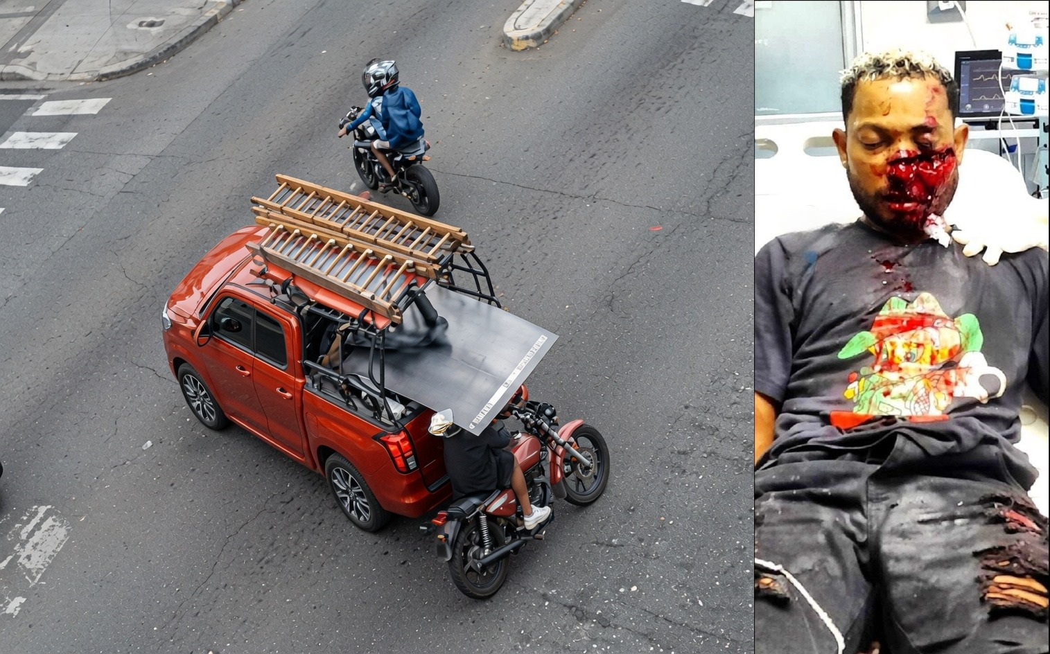 Graphic Injuries After Rider Crashes Into Steel Sheets Extending From Pickup