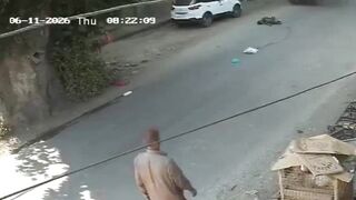 Young Man Running From Stray Dogs Ragdolled By Truck