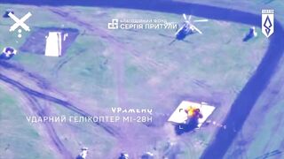Footage of Ukrainian operation that destroyed Russian Mi-28 and Mi-17 helicopters.