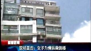 A Chinese TV news broadcast airs live footage of a woman falling from a tall building
