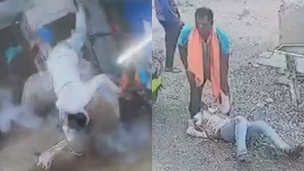 One Killed In Tractor Tire Explosion In India {2 angles}