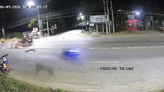 Motorcyclist flies 30 feet hit by car