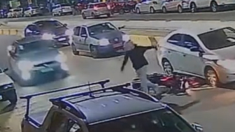 Motorcyclist Launched Into The Air After Car Collision