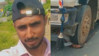 Old Man`s Head Flattened By The Truck Wheel