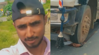 Old Man`s Head Flattened By The Truck Wheel