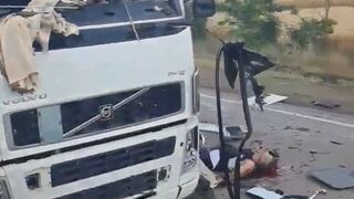 Corpse of a dead truck driver nearby occupied Mariupol city, Ukraine