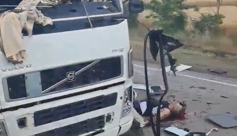 Corpse of a dead truck driver nearby occupied Mariupol city, Ukraine