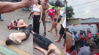 Man and woman staring at each other with red liquid oozing from their heads
