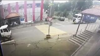 Old Woman Crossing The Road In Front Of The Truck Gets Crushed To Death