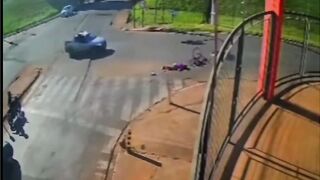The truck ran over her with its large tires.