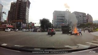 Moped Rider Gets Hit By Truck And Catches Fire
