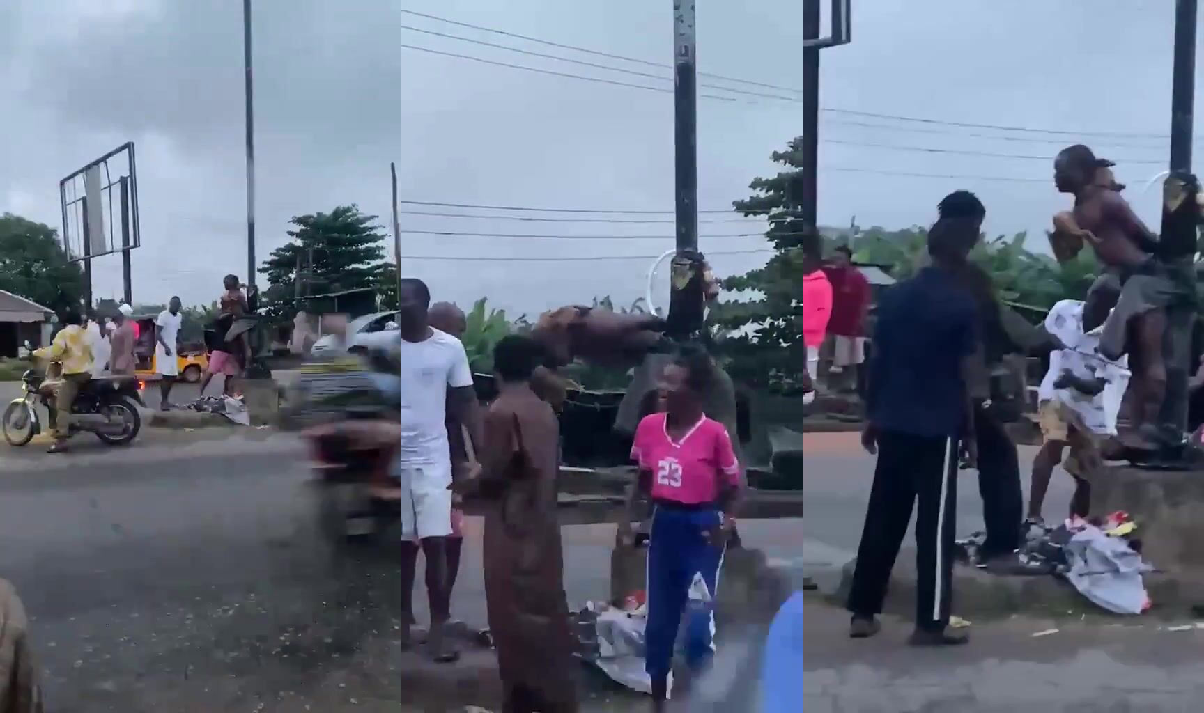Chicken Thief Tied To The Pole In The Middle Of The Road In Nigeria