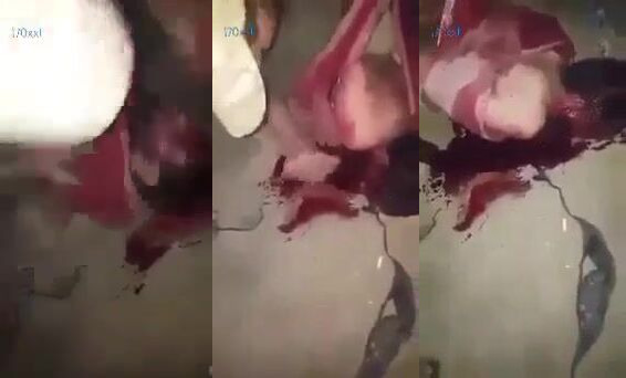 militia member stabs live ISIS captive in the face