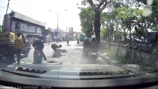 Truck Tire Bursts Hitting Elderly Couple on Motorcycle