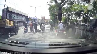 Truck Tire Bursts Hitting Elderly Couple on Motorcycle