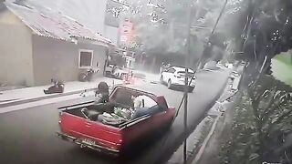 Motorcyclist Violently Thrown High Into the Air After Collision
