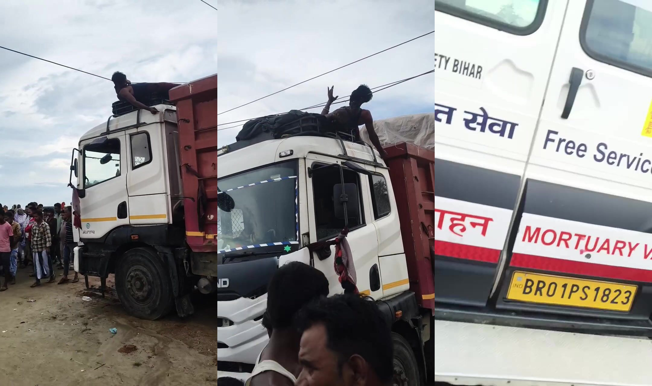 Man riding on top of truck makes contact with power line another view