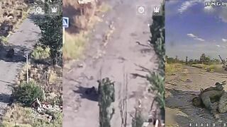 Ukrainian FPV drone kills three Russian soldiers riding ATV.