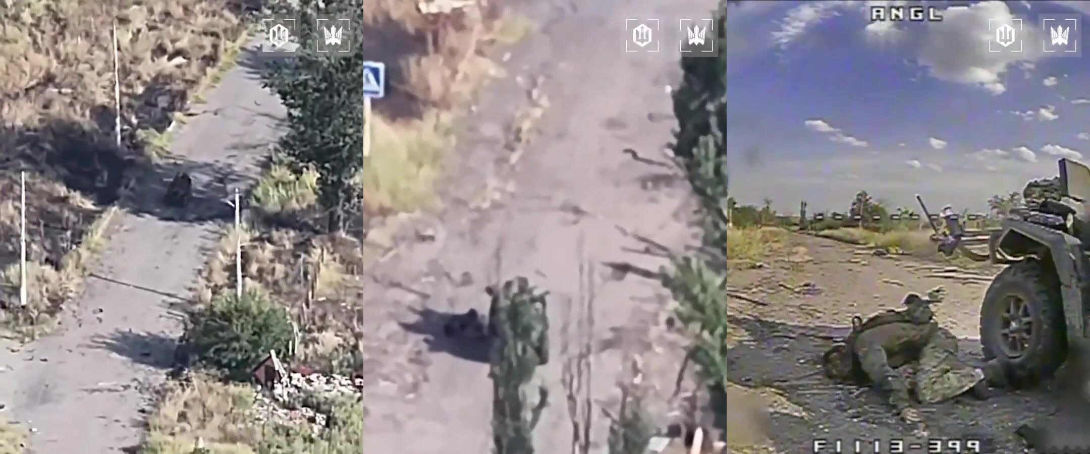 Ukrainian FPV drone kills three Russian soldiers riding ATV.