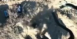 Drone drops grenade on Ukrainian soldier in a trench