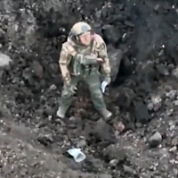 A Russian soldier making gestures to the drone to not be hit (full)