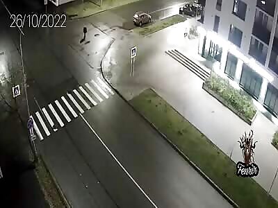 Car takes out pedestrian.