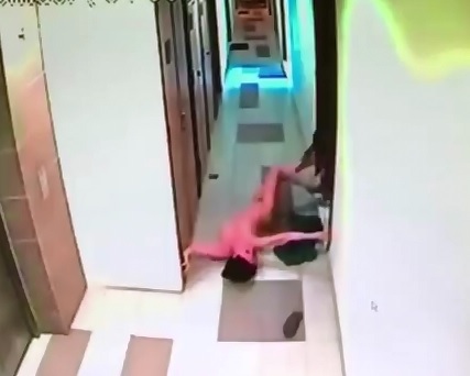 Dysfunctional Couple,  Man Drags his Naked Girl through the Hallway of Hotel Room 