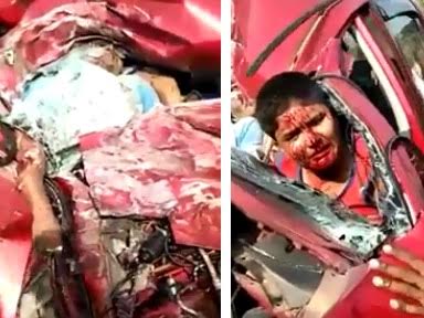 Desperate Woman stuck inside Car next to her crushed friend