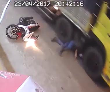 Brutal:  Scooter Rider falls and gets Crushed by Truck (cctv 3 angles)
