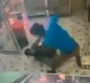 Man being stabbed to death inside a shop..with a BIG Knife 