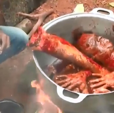 Men Literally Cooking a Victim in a Pot over Fire 