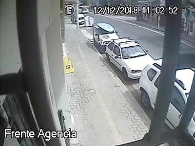 Head on Collision Bus vs Car Crushes Pedestrian Against Wall