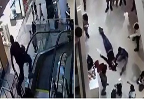 Moron Tries Riding Down Mall Escalator (Fall & Aftermath) 