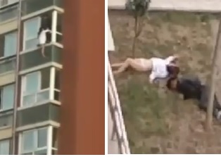 Woman in Nightgown Falls Out of Building with Rescuer (w/Aftermath)