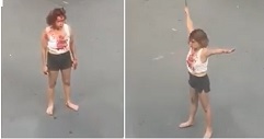 Deranged Teen Girl Stabs Herself on Busy Street.
