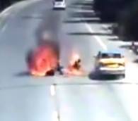 Horrific Moment When Rider Catches Fire After Collision