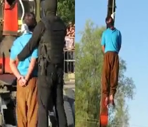 Public Hanging: Man Being Lifted by Crane in Front of Happy Crowd