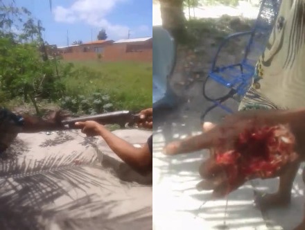 Old Woman is Punished by Traffickers shoot with a Shotgun in a Hand